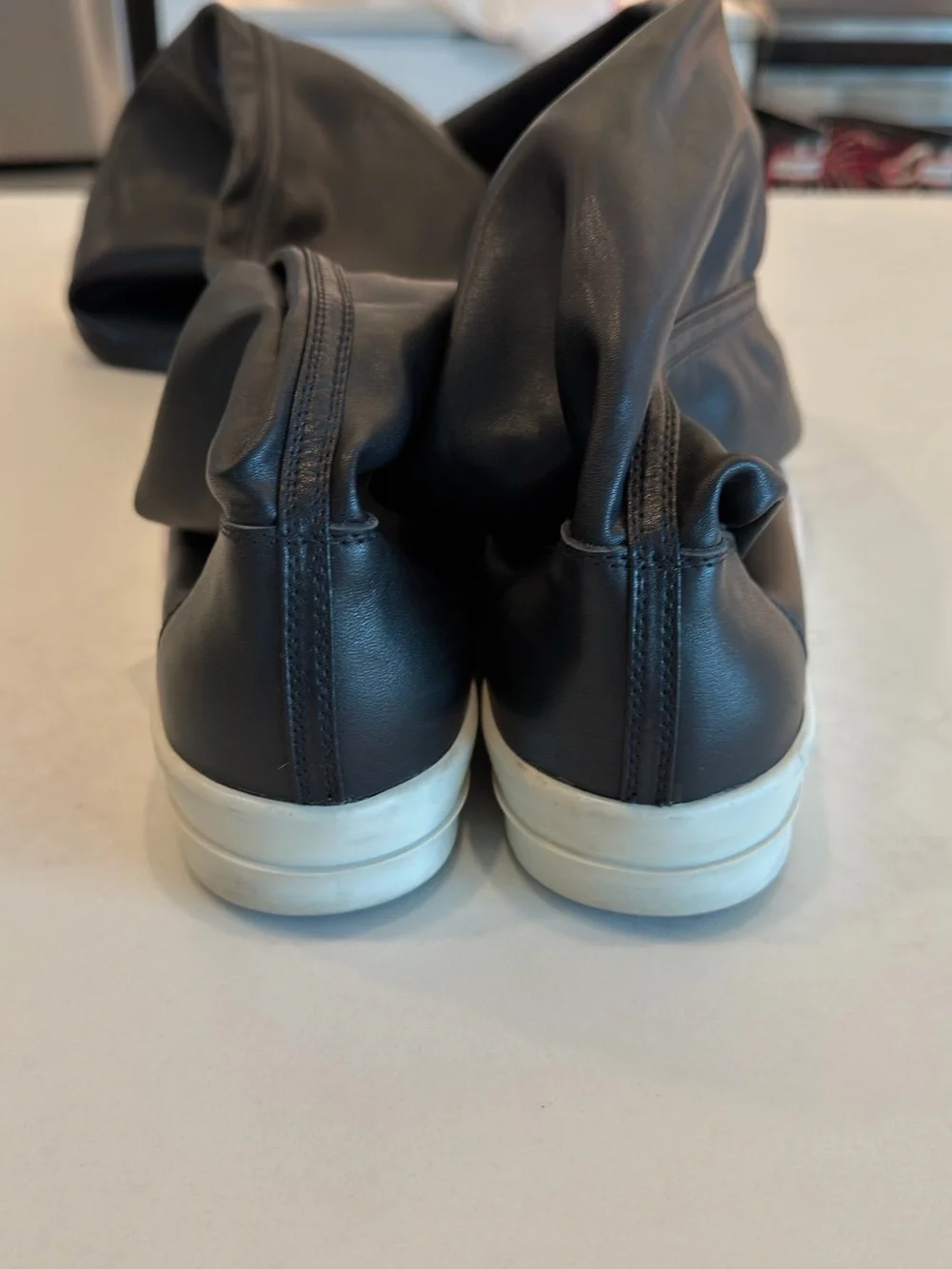 Rick Owens Black Over-the-Knee Slip-On Leather Boots with White Sole